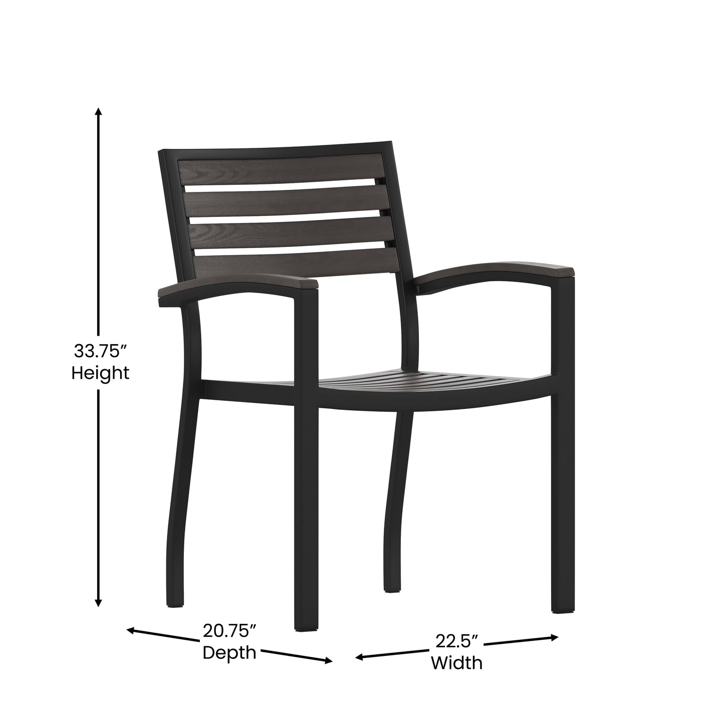 Lark Set of 2 Outdoor Stackable Faux Teak Side Chairs - Commercial Grade Black Aluminum Patio Chairs with Synthetic Gray Wash Faux Teak Slats Gray Wash Teak