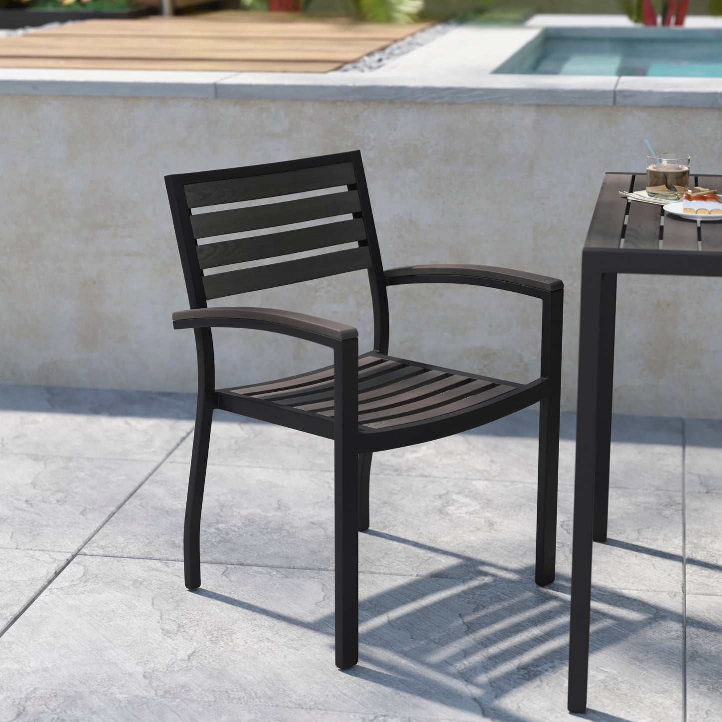 Lark Set of 2 Outdoor Stackable Faux Teak Side Chairs - Commercial Grade Black Aluminum Patio Chairs with Synthetic Gray Wash Faux Teak Slats Gray Wash Teak