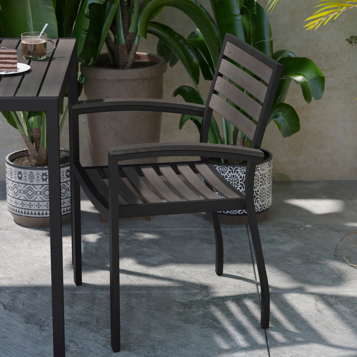 Lark Set of 2 Outdoor Stackable Faux Teak Side Chairs - Commercial Grade Black Aluminum Patio Chairs with Synthetic Gray Wash Faux Teak Slats Gray Wash Teak