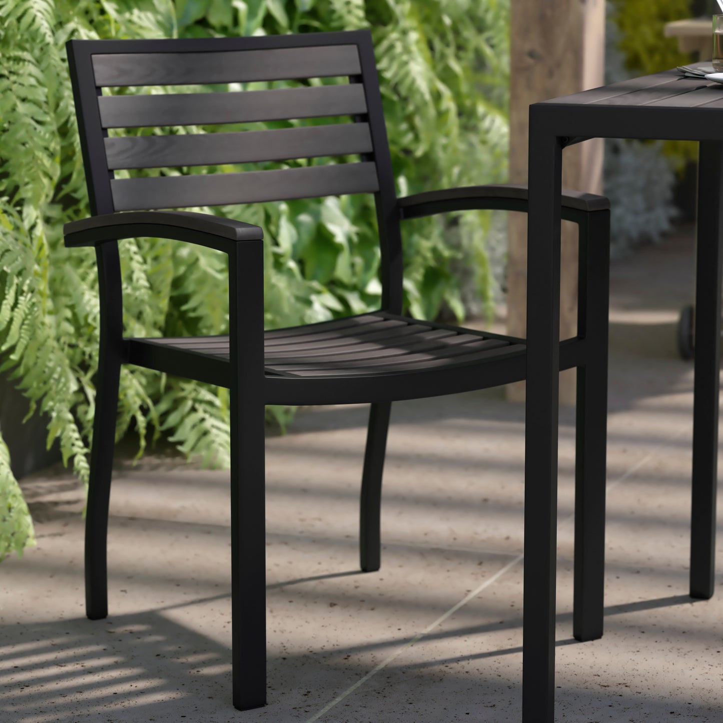 Lark Set of 2 Outdoor Stackable Faux Teak Side Chairs - Commercial Grade Black Aluminum Patio Chairs with Synthetic Gray Wash Faux Teak Slats Gray Wash Teak