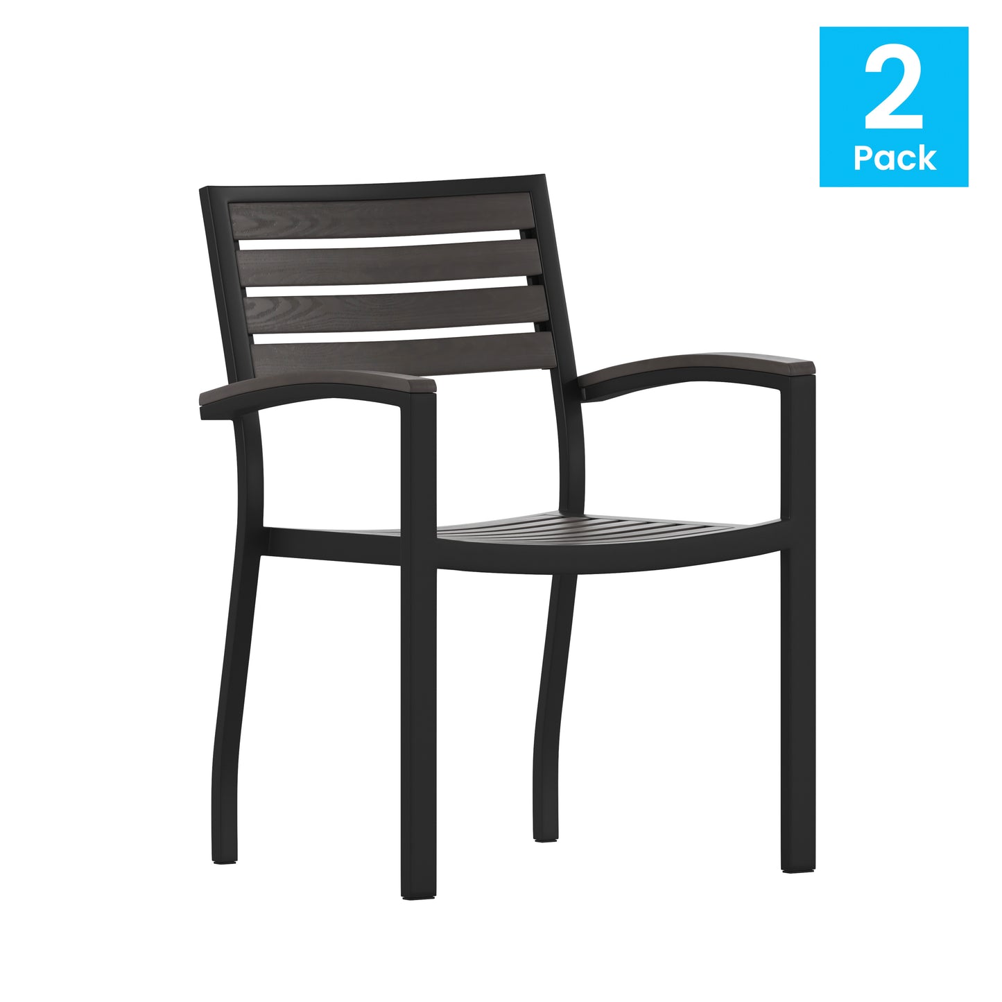 Lark Set of 2 Outdoor Stackable Faux Teak Side Chairs - Commercial Grade Black Aluminum Patio Chairs with Synthetic Gray Wash Faux Teak Slats Gray Wash Teak