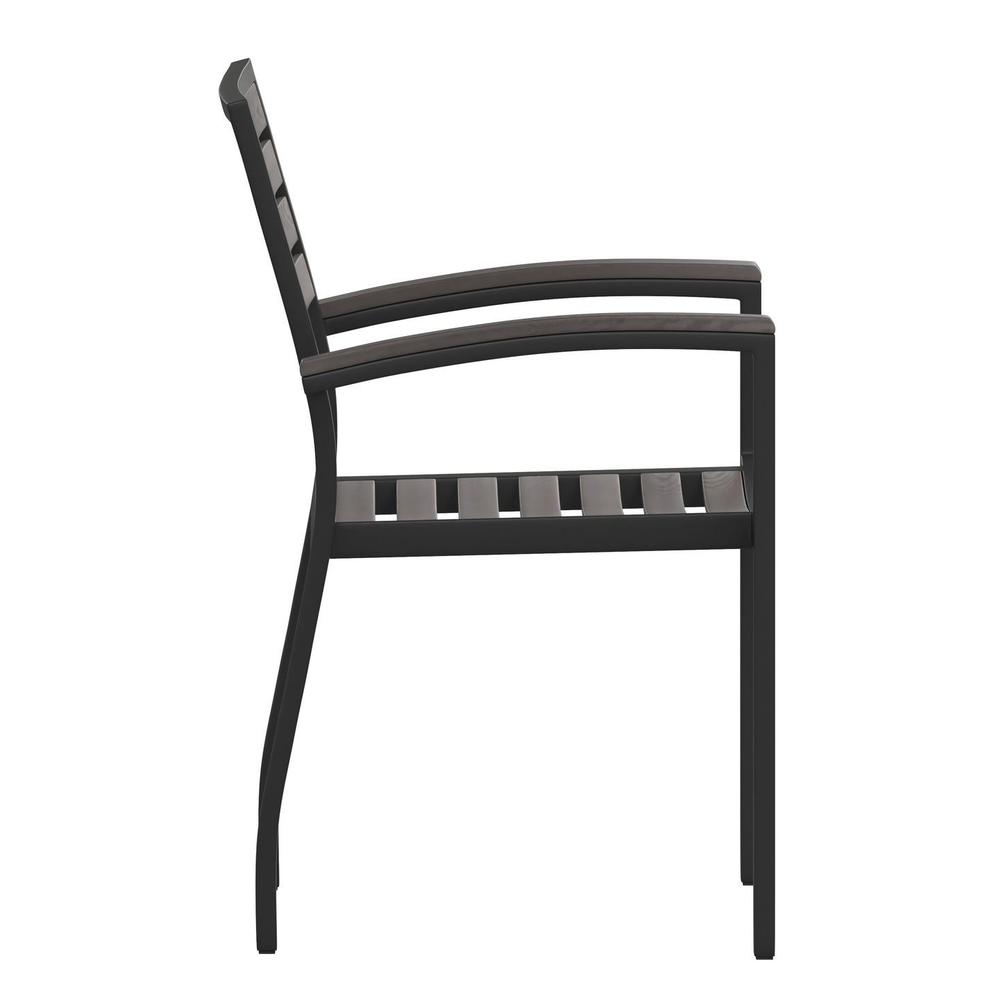 Lark Set of 2 Outdoor Stackable Faux Teak Side Chairs - Commercial Grade Black Aluminum Patio Chairs with Synthetic Gray Wash Faux Teak Slats Gray Wash Teak