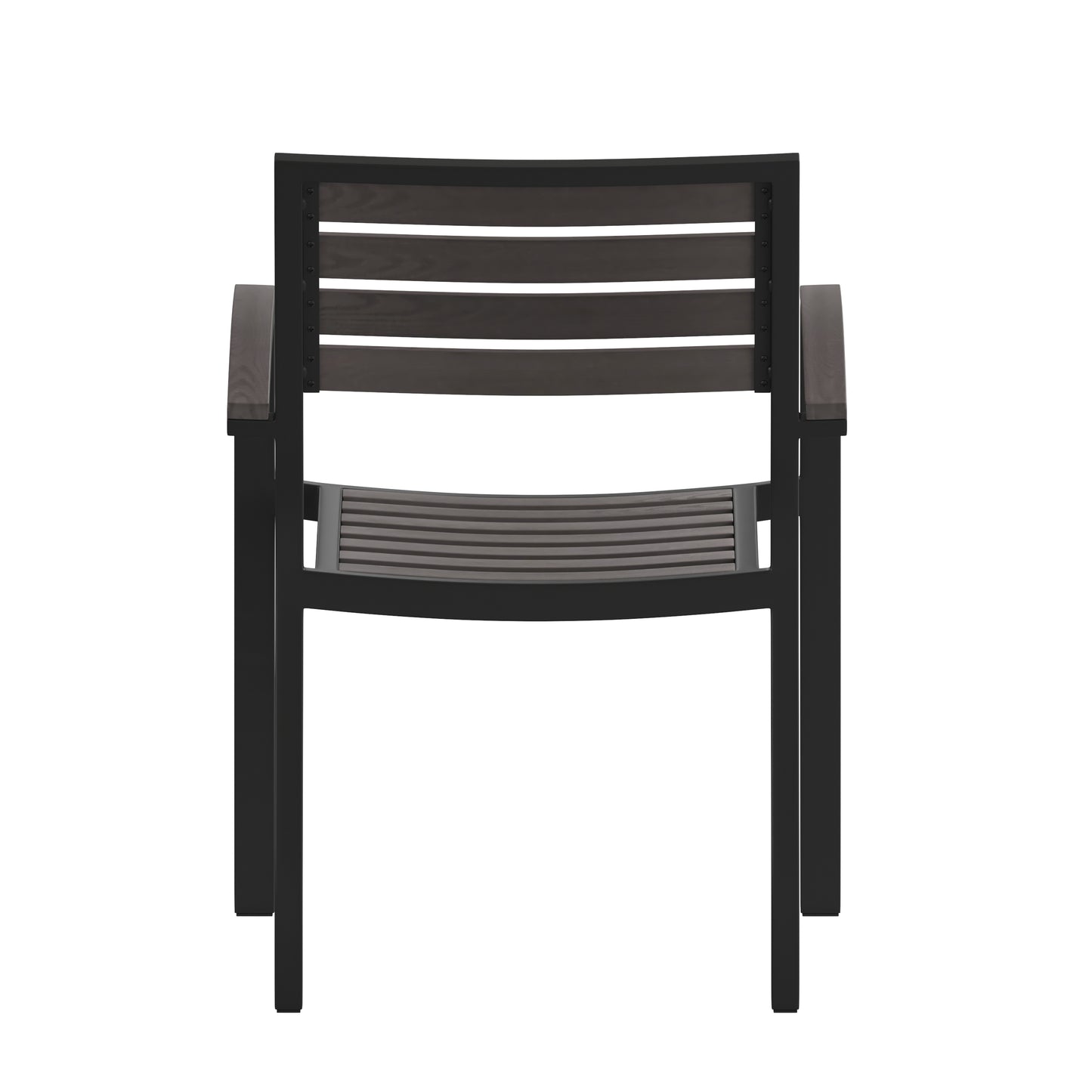 Lark Set of 2 Outdoor Stackable Faux Teak Side Chairs - Commercial Grade Black Aluminum Patio Chairs with Synthetic Gray Wash Faux Teak Slats Gray Wash Teak