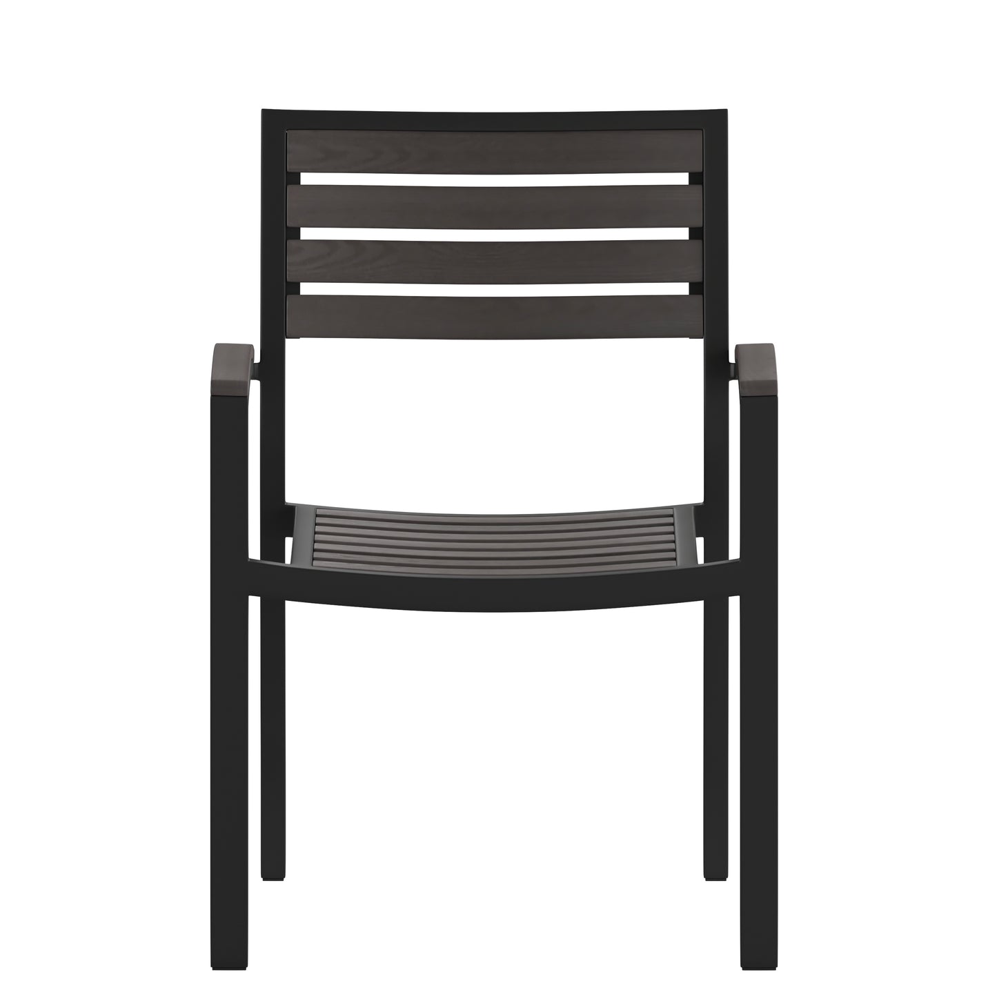 Lark Set of 2 Outdoor Stackable Faux Teak Side Chairs - Commercial Grade Black Aluminum Patio Chairs with Synthetic Gray Wash Faux Teak Slats Gray Wash Teak