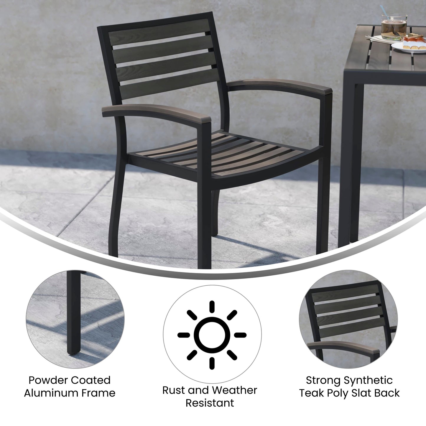 Lark Set of 2 Outdoor Stackable Faux Teak Side Chairs - Commercial Grade Black Aluminum Patio Chairs with Synthetic Gray Wash Faux Teak Slats Gray Wash Teak
