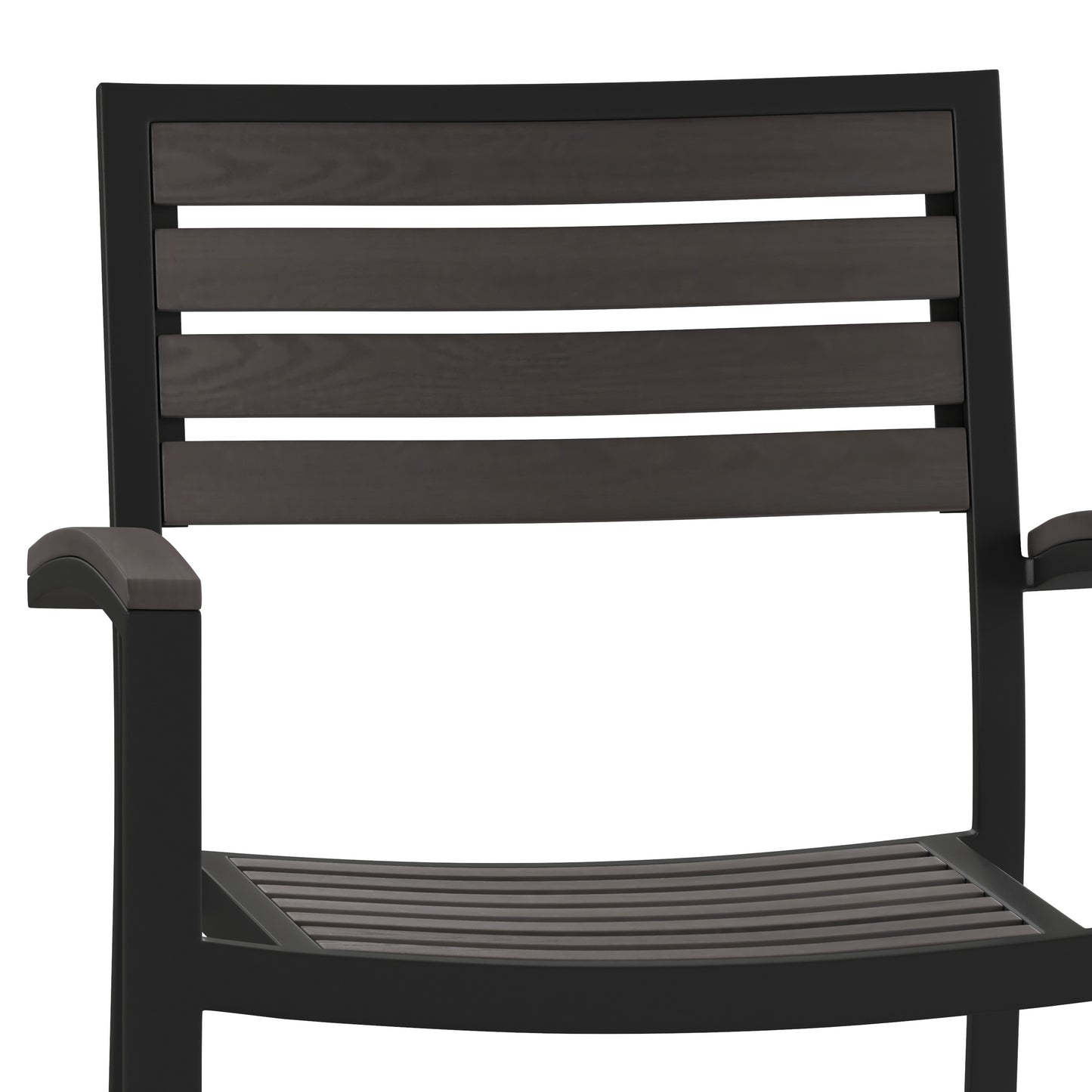 Lark Set of 2 Outdoor Stackable Faux Teak Side Chairs - Commercial Grade Black Aluminum Patio Chairs with Synthetic Gray Wash Faux Teak Slats Gray Wash Teak