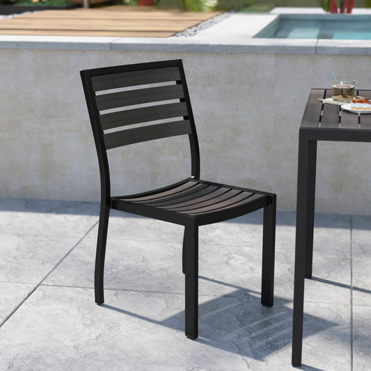 Lark Outdoor Stackable Side Chair with Gray Wash Faux Teak Poly Slats, Set of 2 Gray Wash Teak
