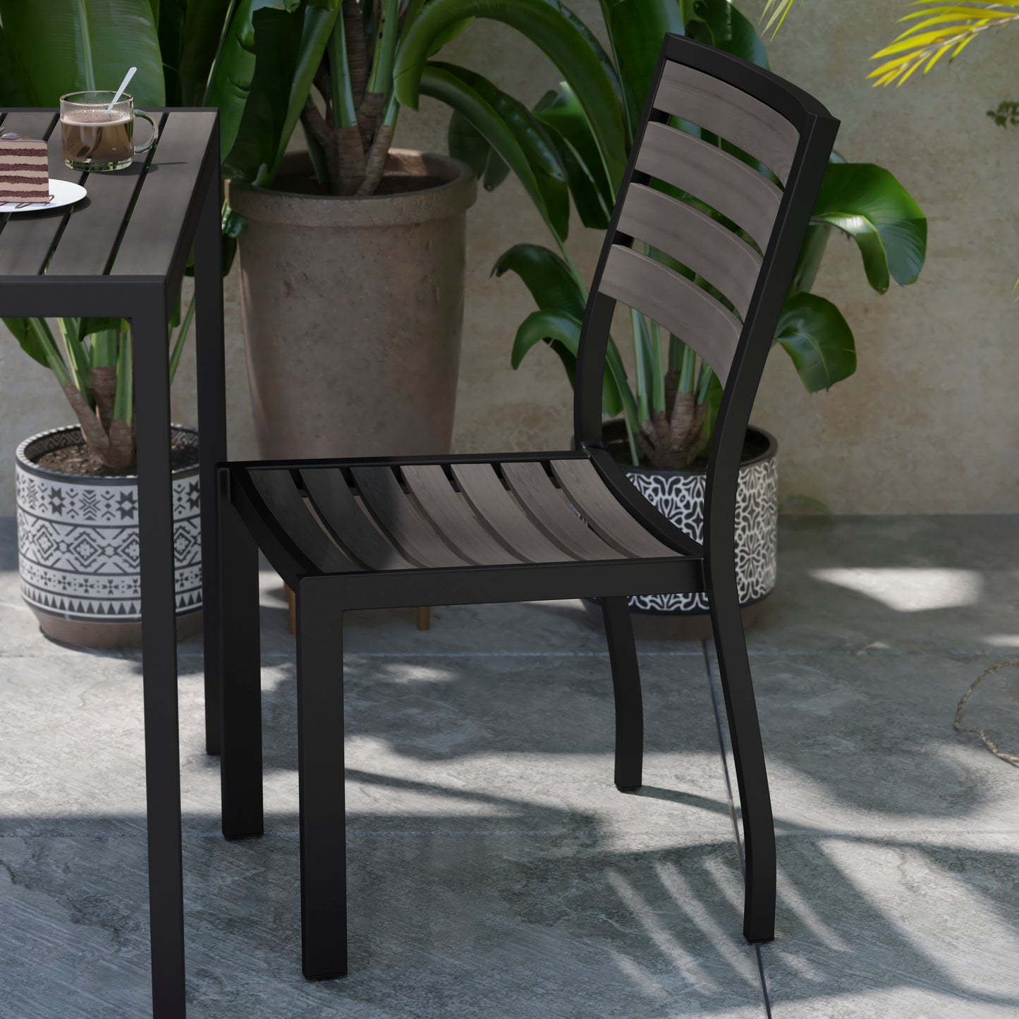 Lark Outdoor Stackable Side Chair with Gray Wash Faux Teak Poly Slats, Set of 2 Gray Wash Teak