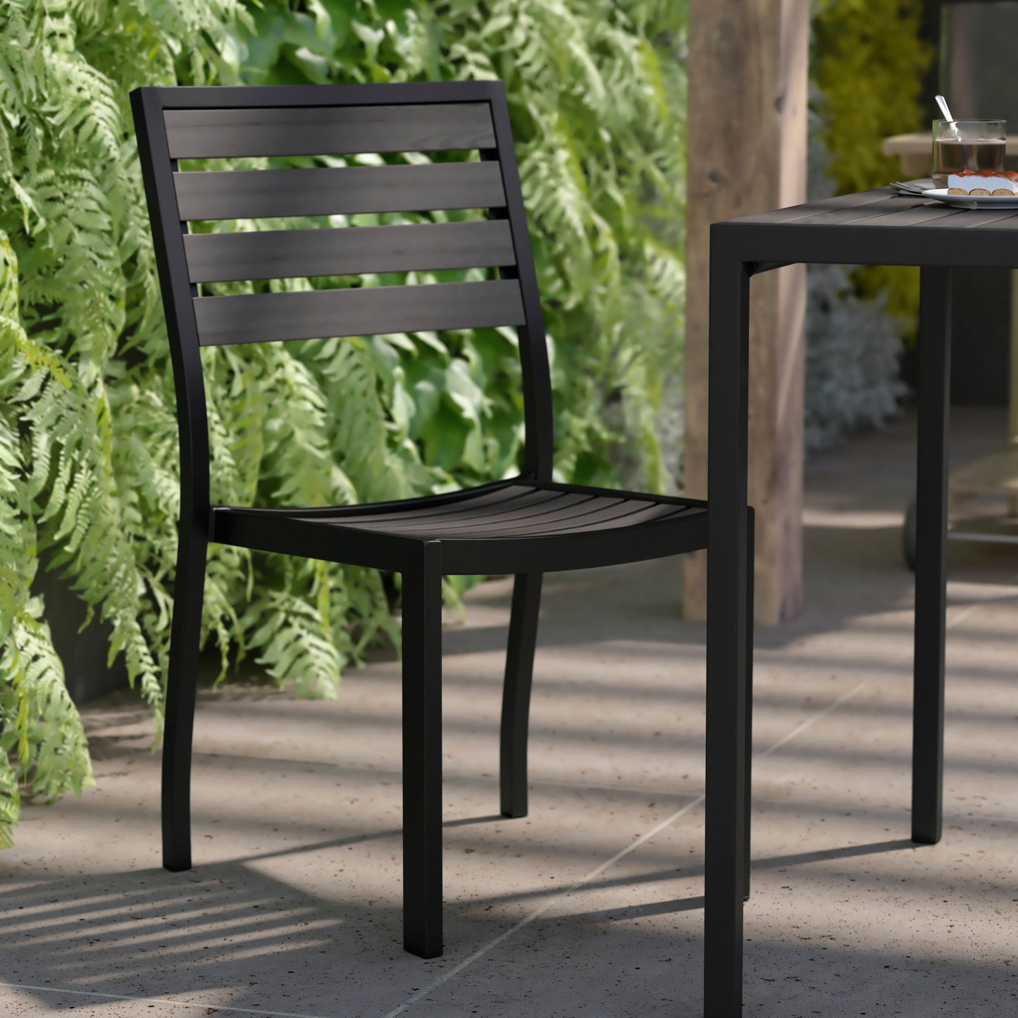 Lark Outdoor Stackable Side Chair with Gray Wash Faux Teak Poly Slats, Set of 2 Gray Wash Teak