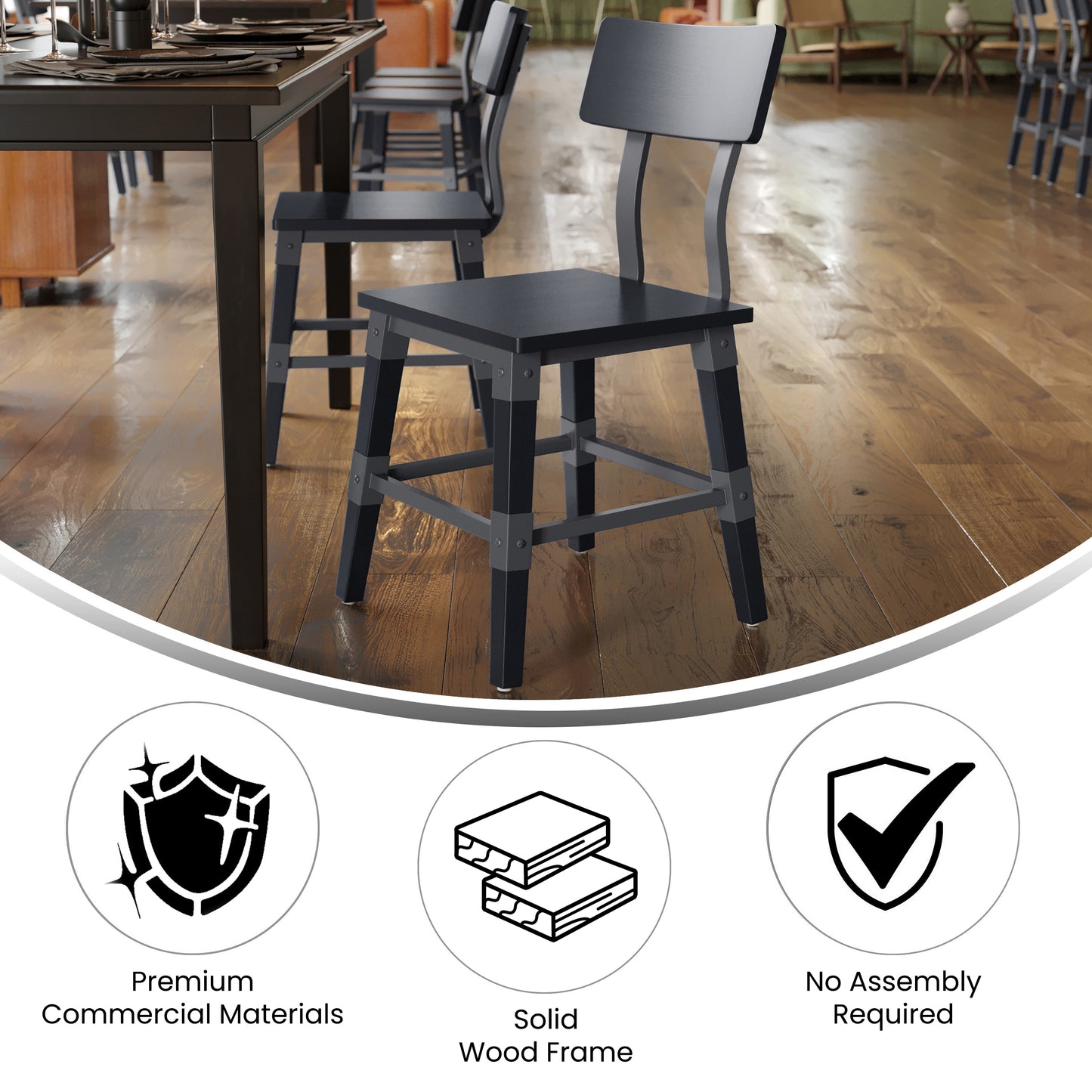 Jackson 2 Pack Commercial Grade Rustic Black Industrial Wood Dining Chair Black