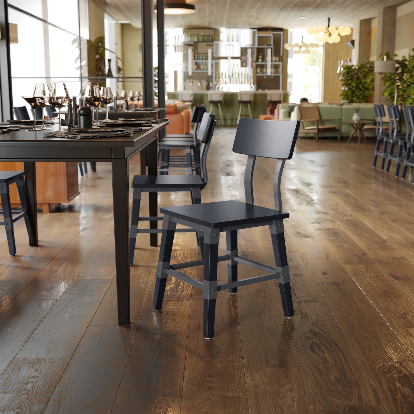 Jackson 2 Pack Commercial Grade Rustic Black Industrial Wood Dining Chair Black
