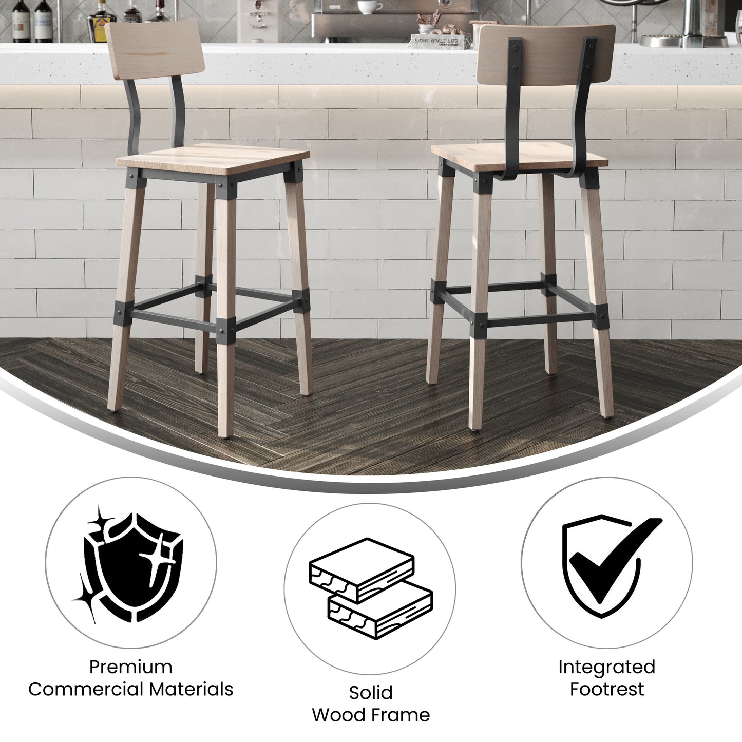 Jackson 2 Pack Commercial Grade Rustic Antique White Industrial Wood Dining Barstool Antique White