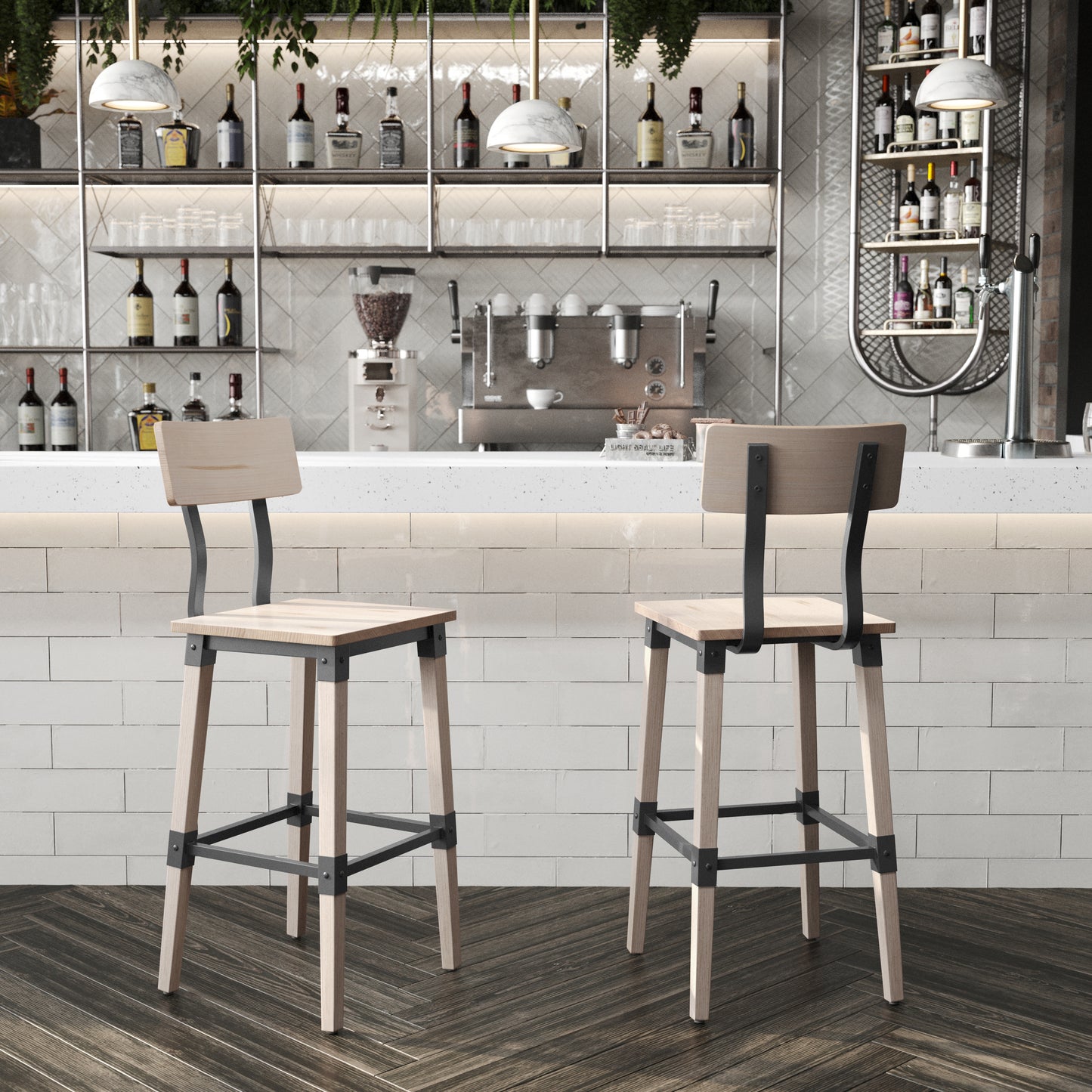 Jackson 2 Pack Commercial Grade Rustic Antique White Industrial Wood Dining Barstool Antique White