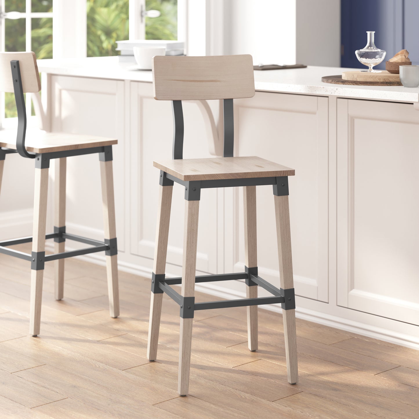 Jackson 2 Pack Commercial Grade Rustic Antique White Industrial Wood Dining Barstool Antique White
