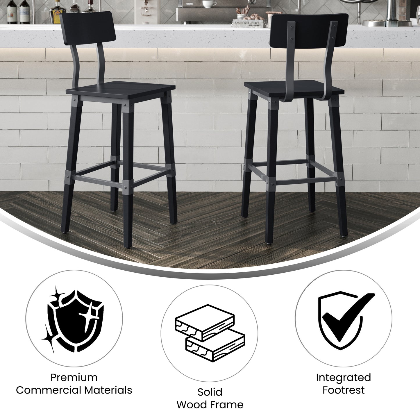 Jackson 2 Pack Commercial Grade Rustic Black Industrial Wood Dining Barstool Black