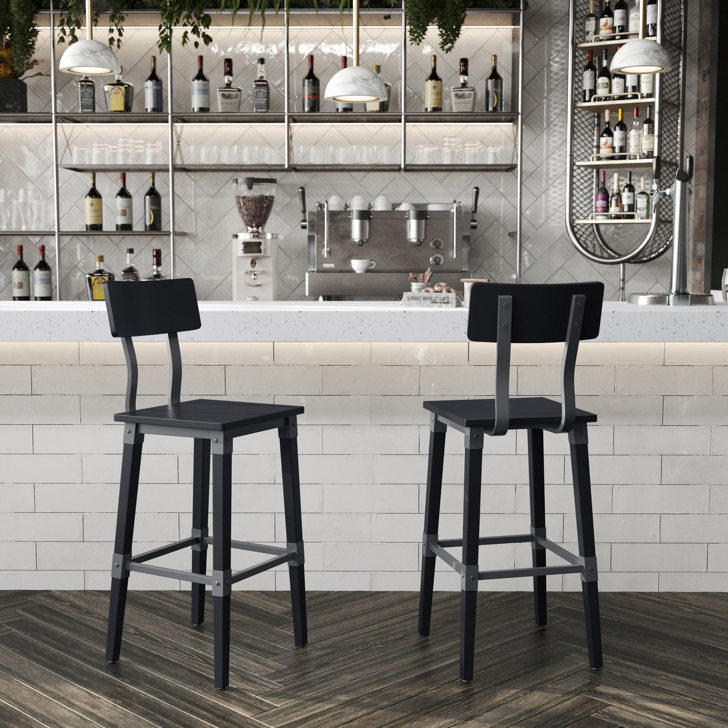 Jackson 2 Pack Commercial Grade Rustic Black Industrial Wood Dining Barstool Black