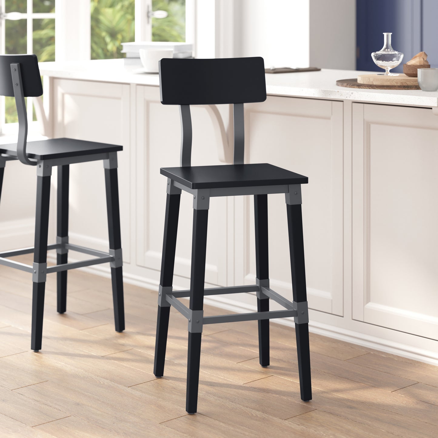 Jackson 2 Pack Commercial Grade Rustic Black Industrial Wood Dining Barstool Black
