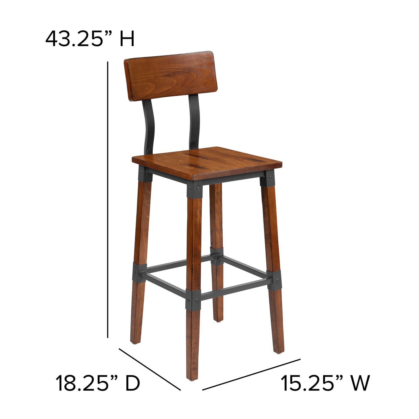 Jackson 2 Pack Rustic Antique Walnut Industrial Wood Dining Barstool Walnut