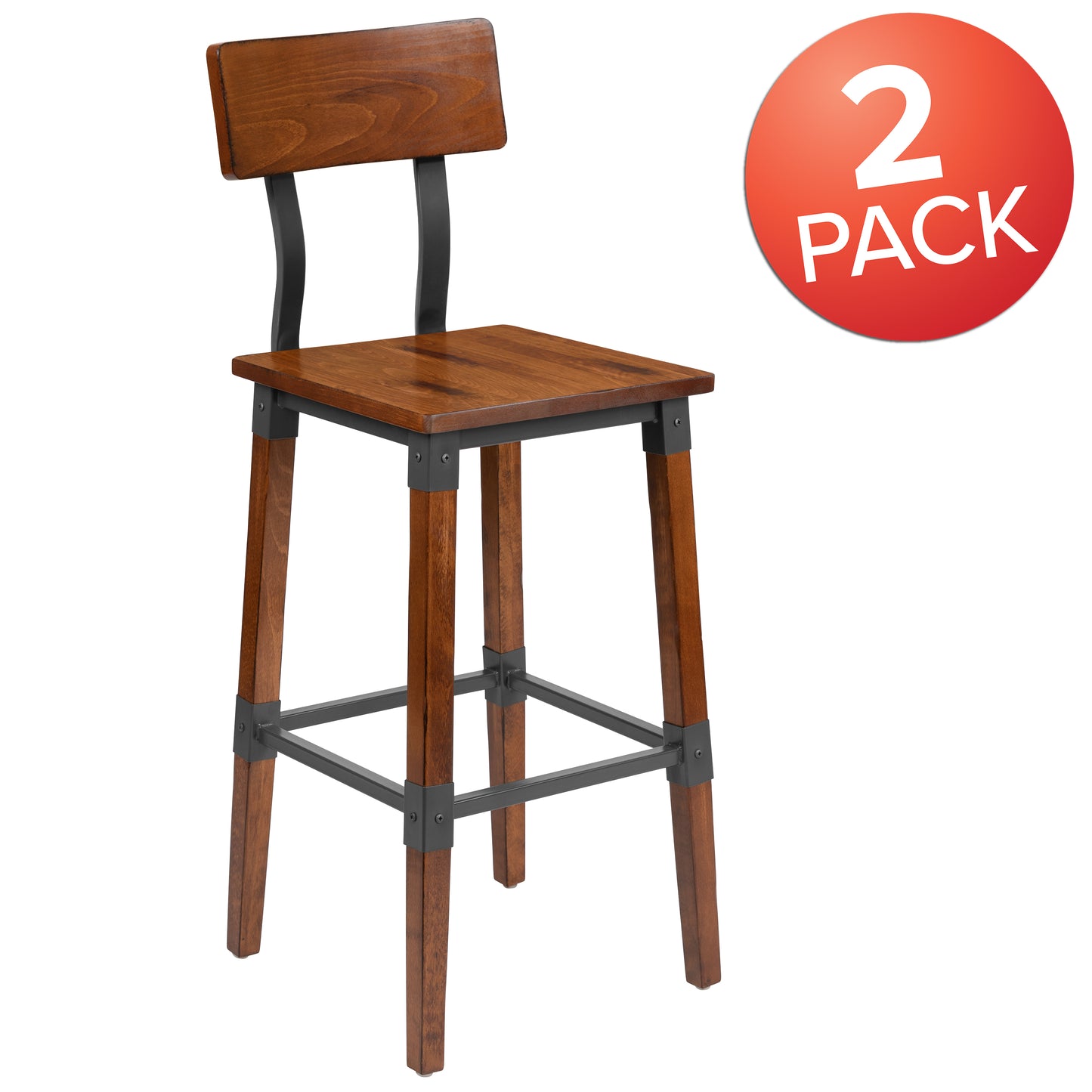 Jackson 2 Pack Rustic Antique Walnut Industrial Wood Dining Barstool Walnut