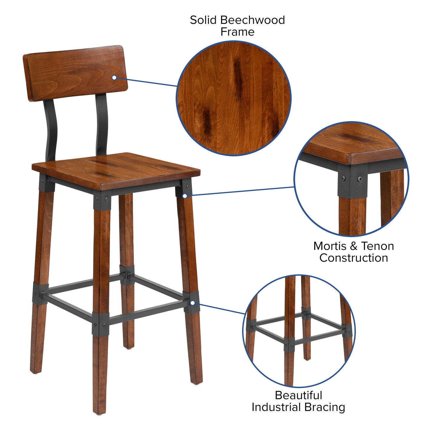Jackson 2 Pack Rustic Antique Walnut Industrial Wood Dining Barstool Walnut