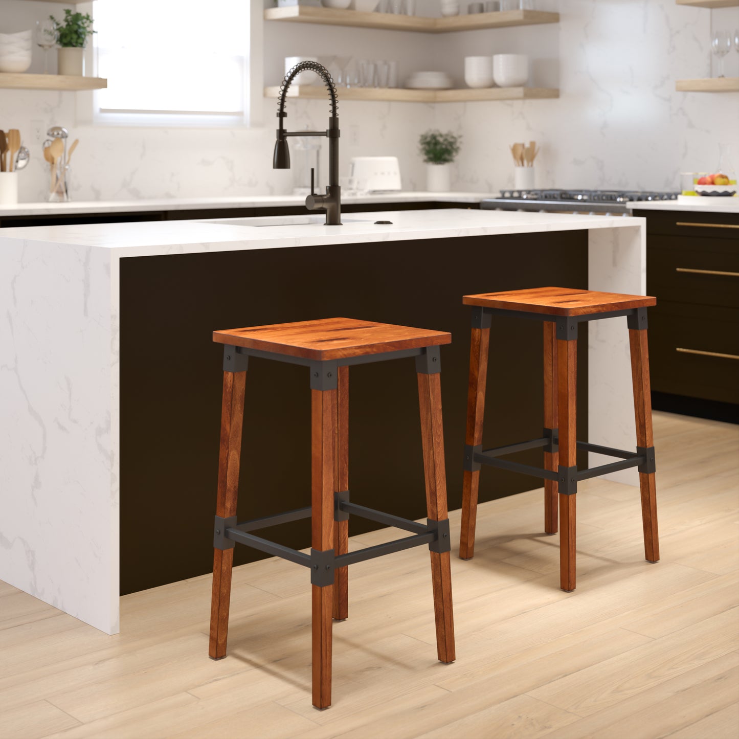 Jackson 2 Pack Rustic Antique Walnut Industrial Wood Dining Backless Barstool Walnut
