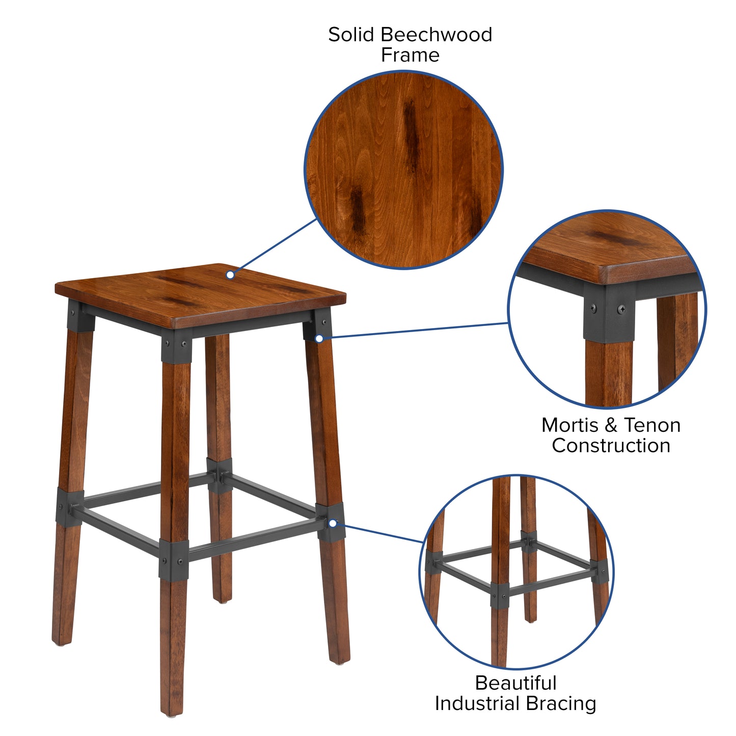 Jackson 2 Pack Rustic Antique Walnut Industrial Wood Dining Backless Barstool Walnut