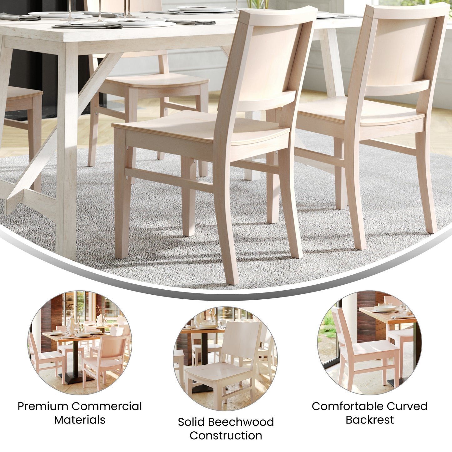 2 Pack Naples Commercial Grade Solid Wood Dining Chairs with Curved Backrests and Antique White Finish Antique White