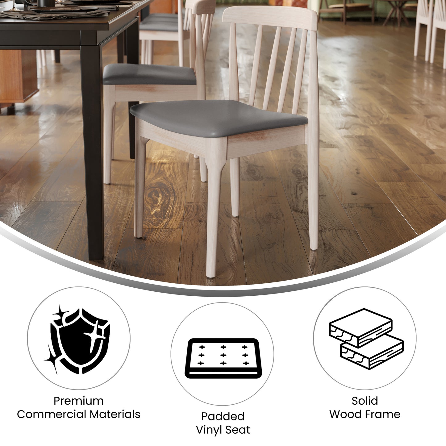 Chester Set of 2 Commercial Grade Solid Wood Antique White Dining Chairs with Curved Spindle Backrests and Beige Vinyl Seats Brown Vinyl Seat/Antique White Wood Frame