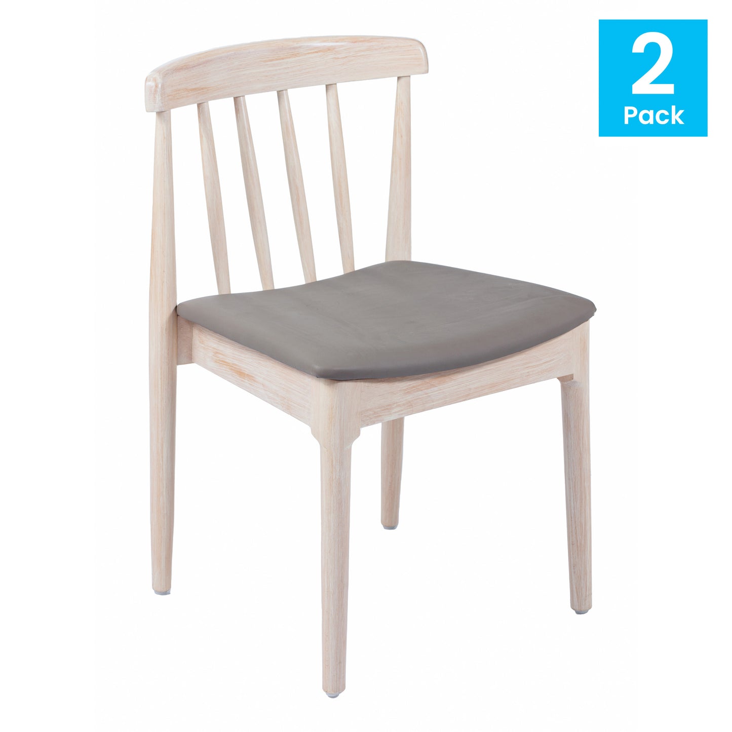 Chester Set of 2 Commercial Grade Solid Wood Antique White Dining Chairs with Curved Spindle Backrests and Beige Vinyl Seats Brown Vinyl Seat/Antique White Wood Frame