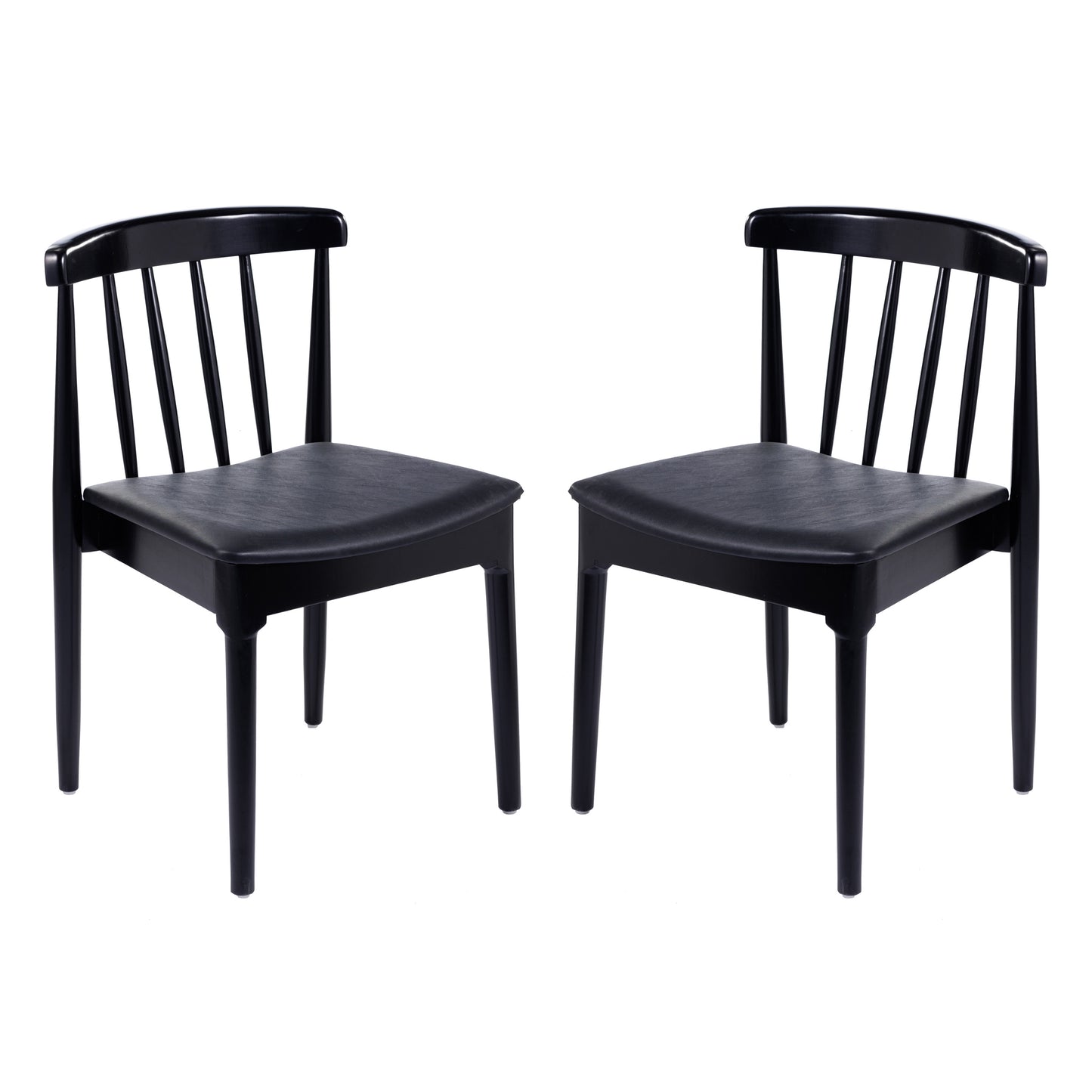 Chester Set of 2 Commercial Grade Solid Wood Black Dining Chairs with Curved Spindle Backrests and Black Vinyl Seats Black Vinyl Seat/Black Wood Frame
