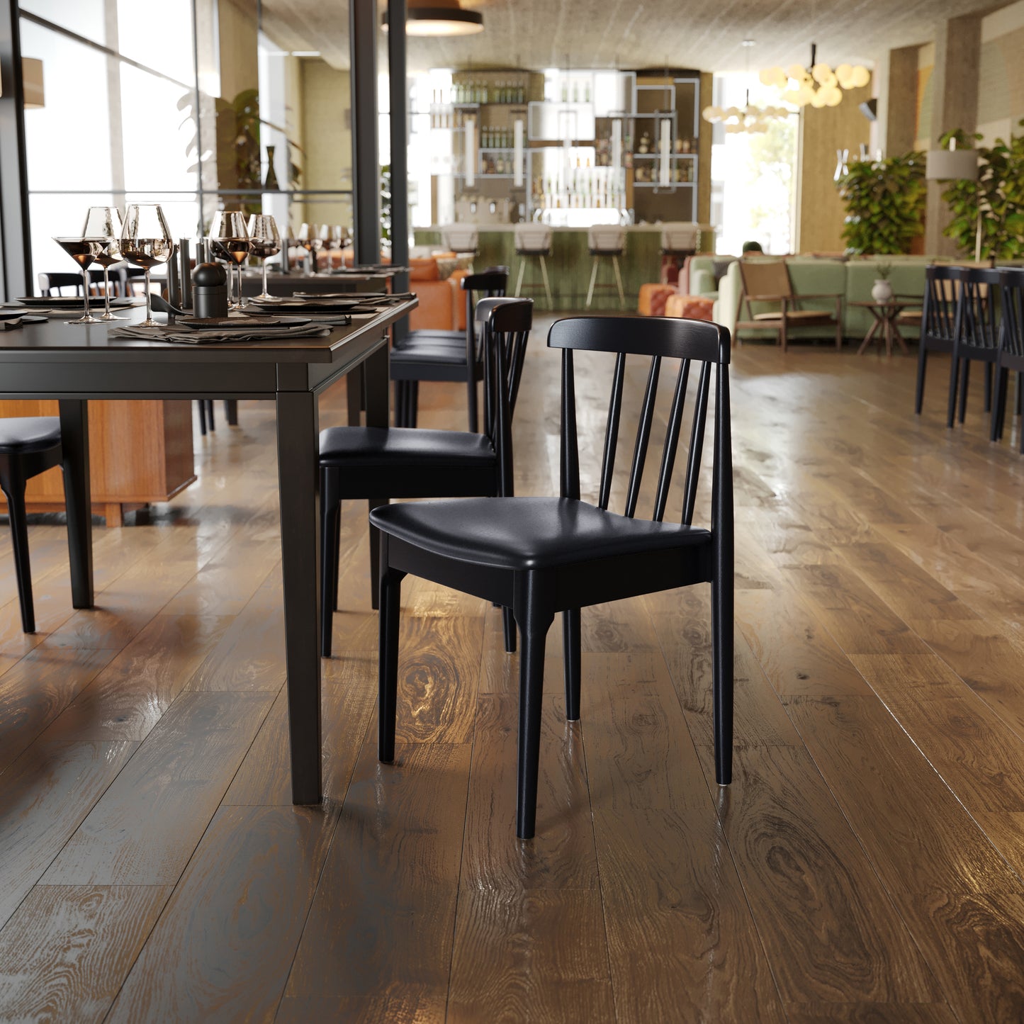 Chester Set of 2 Commercial Grade Solid Wood Black Dining Chairs with Curved Spindle Backrests and Black Vinyl Seats Black Vinyl Seat/Black Wood Frame