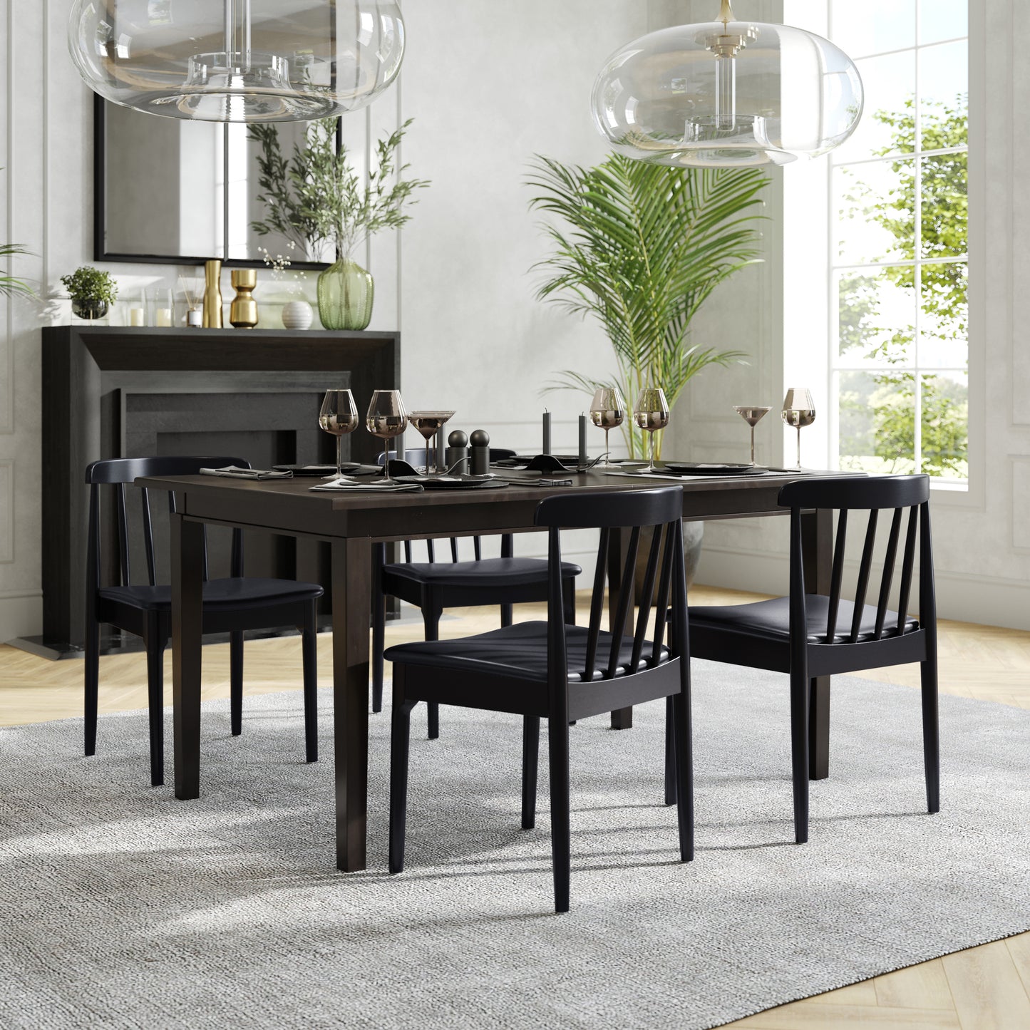Chester Set of 2 Commercial Grade Solid Wood Black Dining Chairs with Curved Spindle Backrests and Black Vinyl Seats Black Vinyl Seat/Black Wood Frame