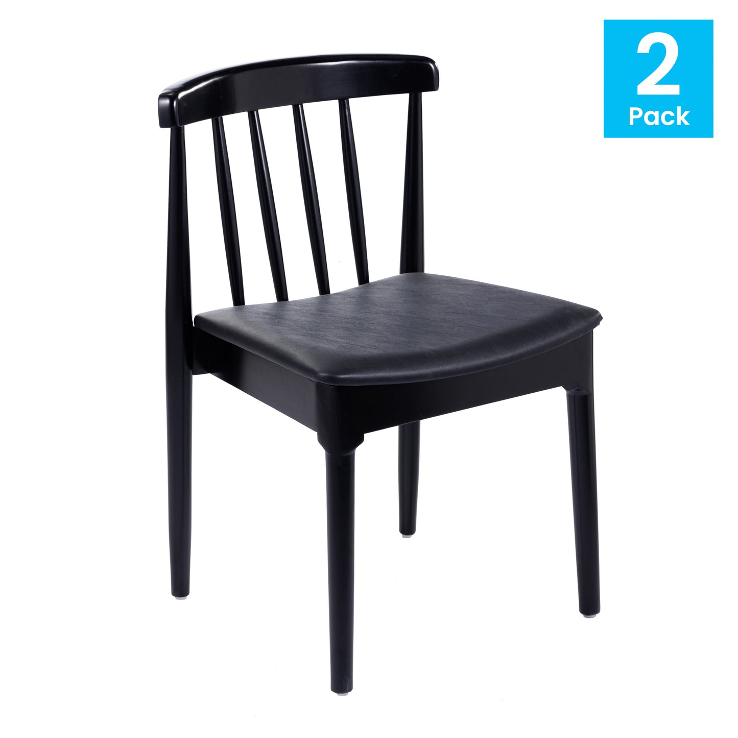 Chester Set of 2 Commercial Grade Solid Wood Black Dining Chairs with Curved Spindle Backrests and Black Vinyl Seats Black Vinyl Seat/Black Wood Frame