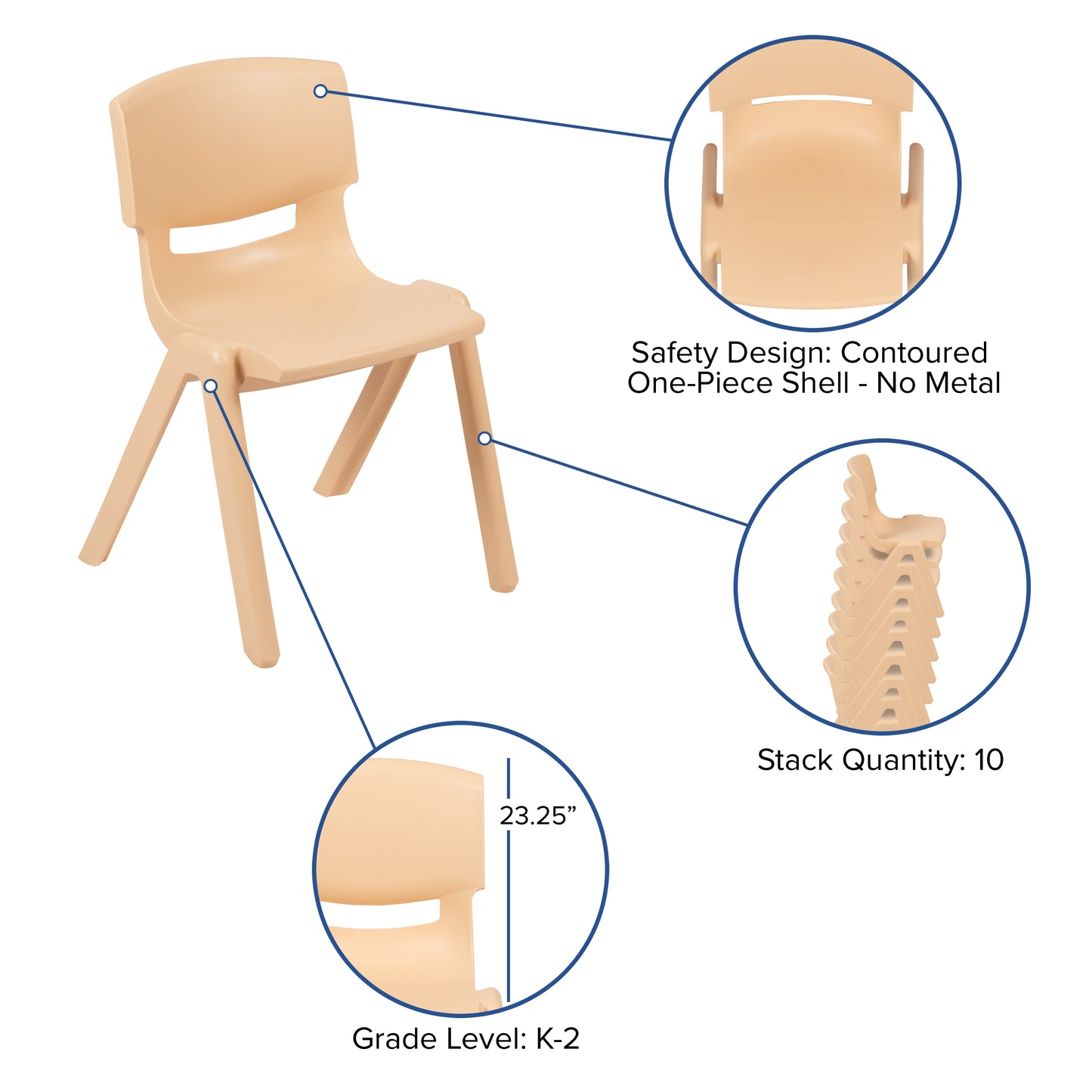 Whitney 2 Pack Natural Plastic Stackable School Chair with 13.25" Seat Height Natural