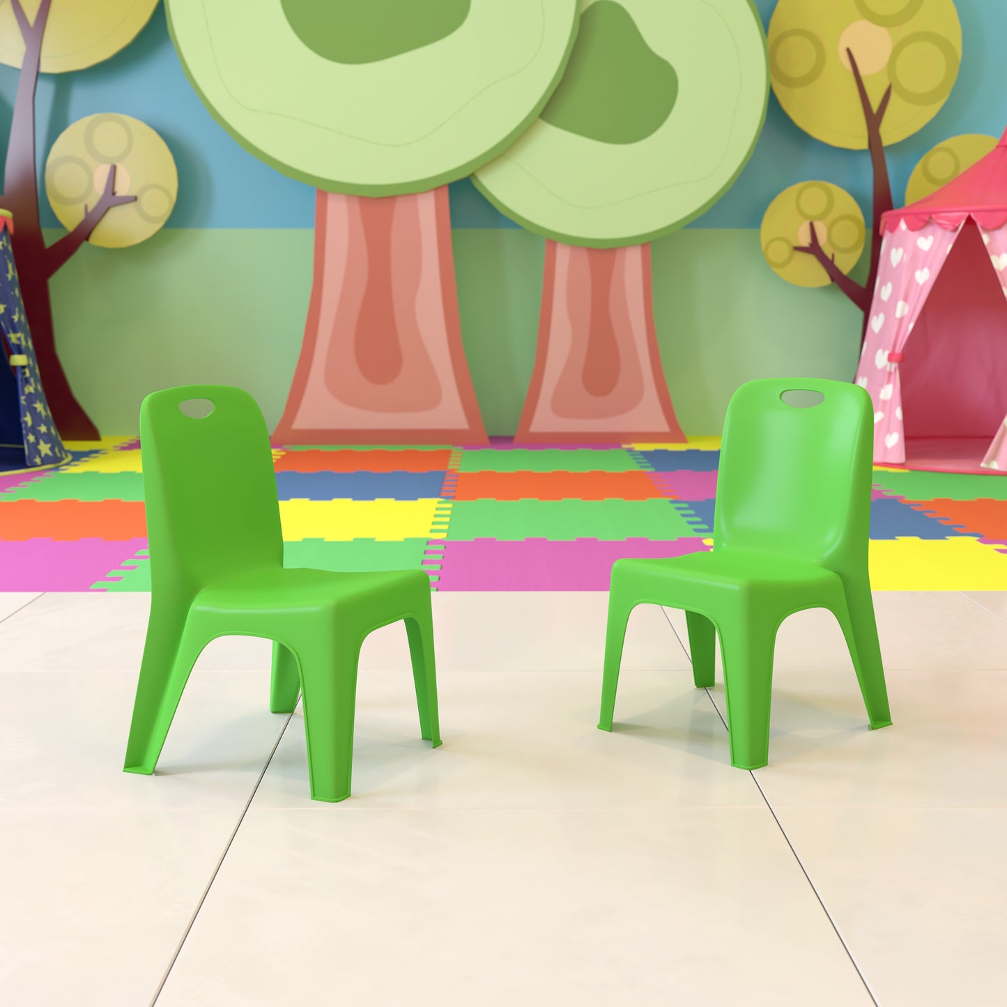 Whitney 2 Pack Green Plastic Stackable School Chair with Carrying Handle and 11" Seat Height Green