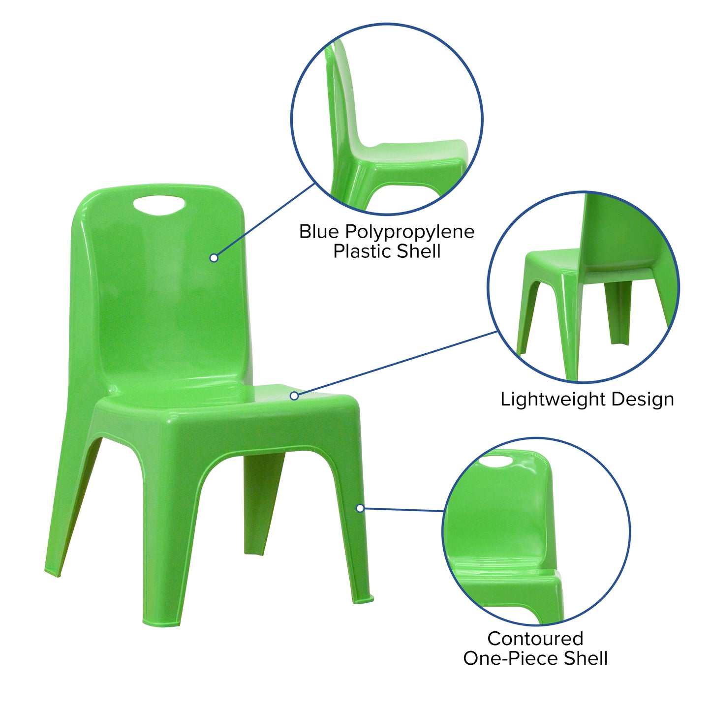 Whitney 2 Pack Green Plastic Stackable School Chair with Carrying Handle and 11" Seat Height Green