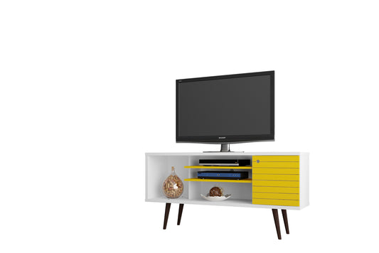 Manhattan Comfort Liberty 53.14" Mid-Century Modern TV Stand with 5 Shelves and 1 Door in White and Yellow with Solid Wood Legs 200AMC64