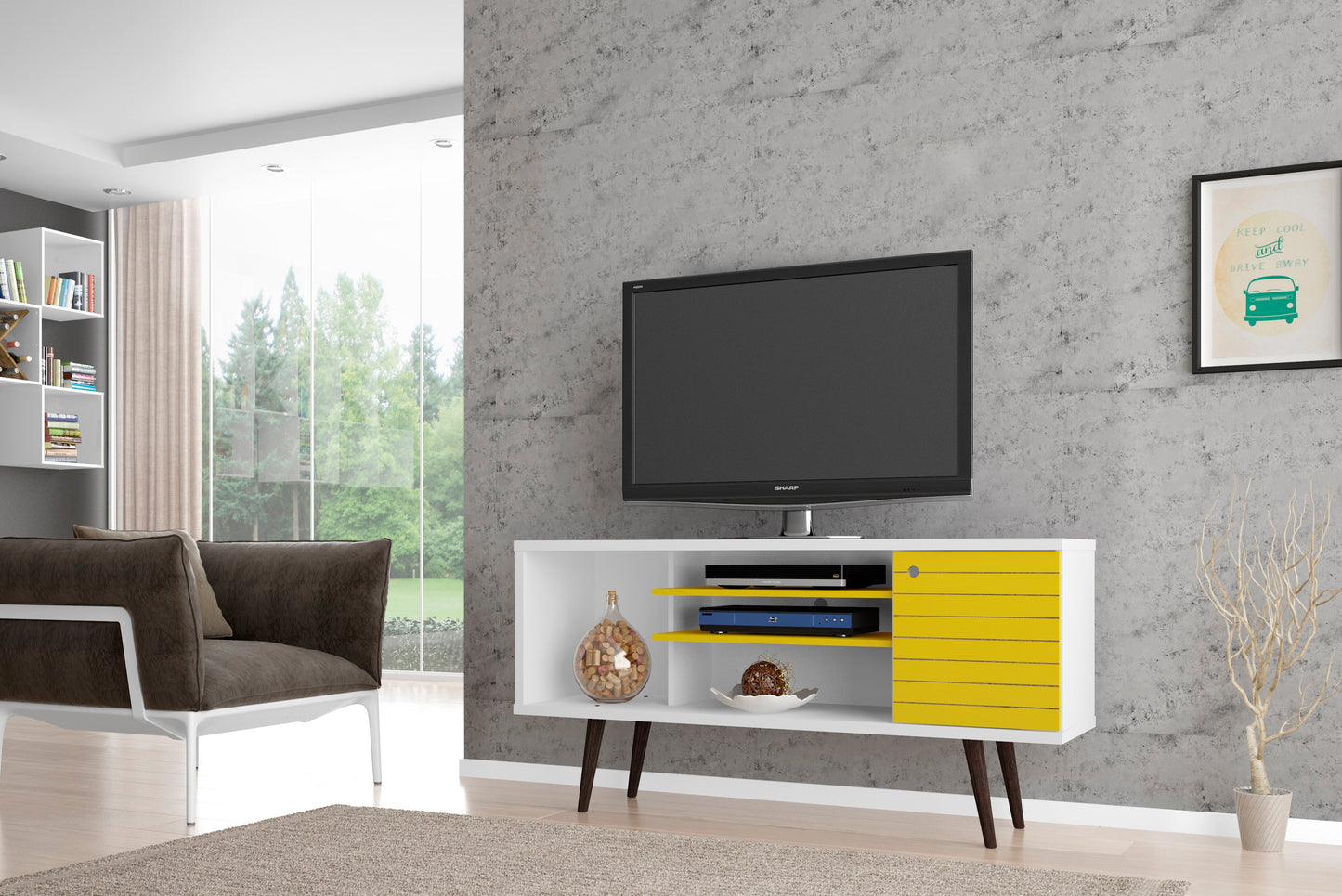 Manhattan Comfort Liberty 53.14" Mid-Century Modern TV Stand with 5 Shelves and 1 Door in White and Yellow with Solid Wood Legs 200AMC64