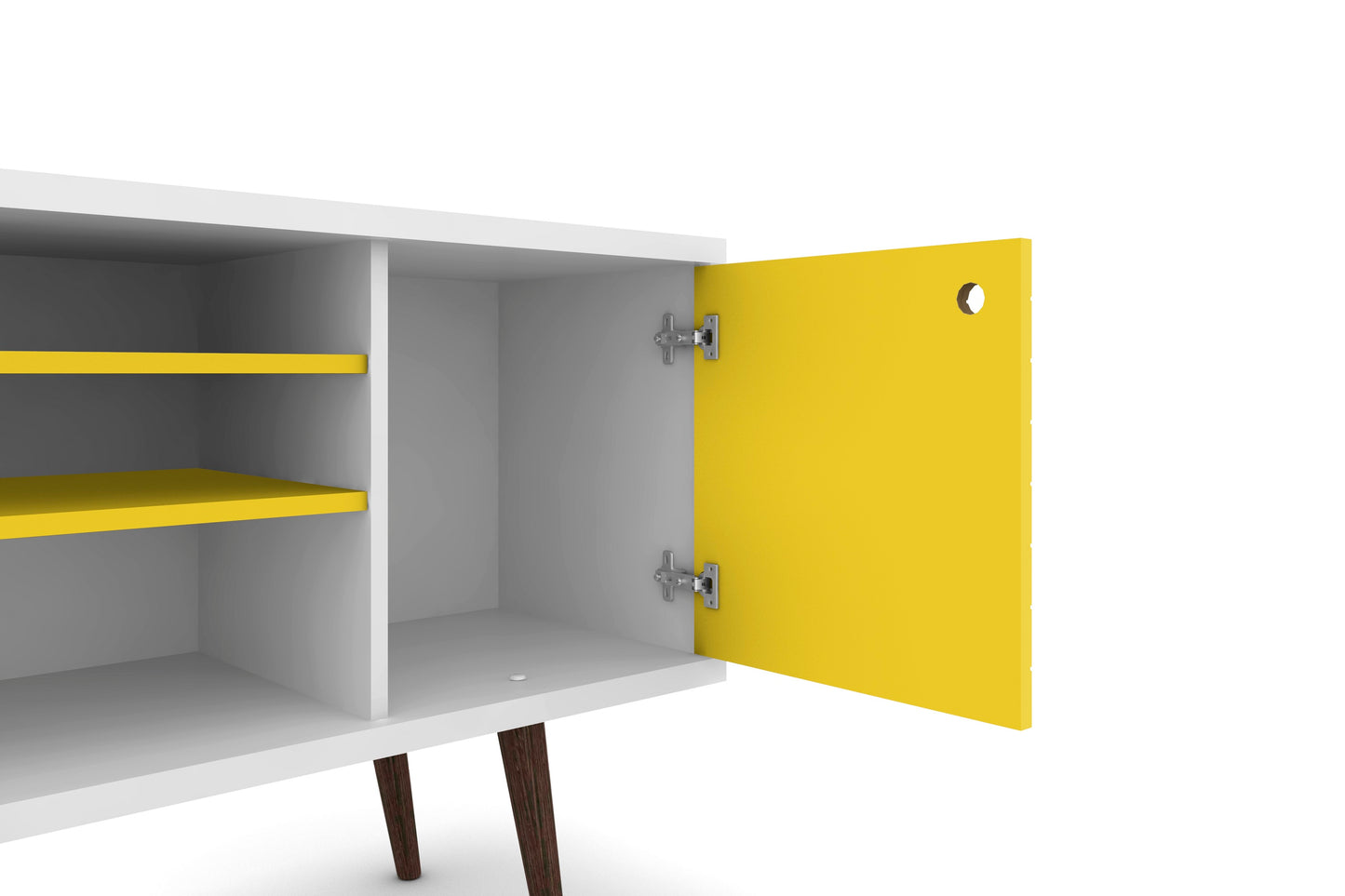 Manhattan Comfort Liberty 53.14" Mid-Century Modern TV Stand with 5 Shelves and 1 Door in White and Yellow with Solid Wood Legs 200AMC64