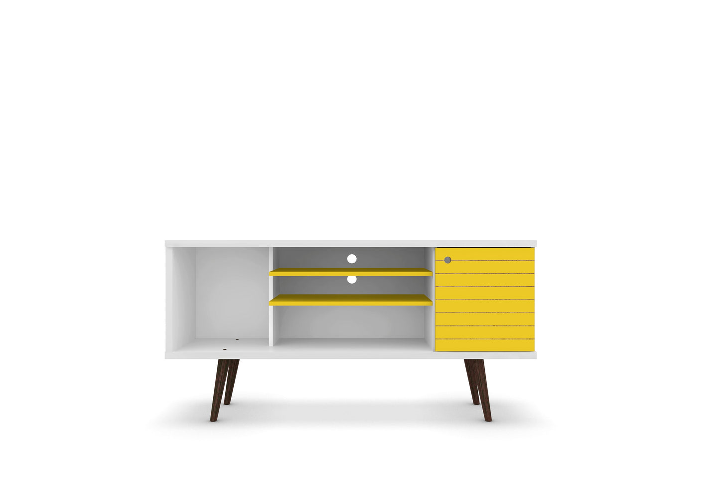 Manhattan Comfort Liberty 53.14" Mid-Century Modern TV Stand with 5 Shelves and 1 Door in White and Yellow with Solid Wood Legs 200AMC64