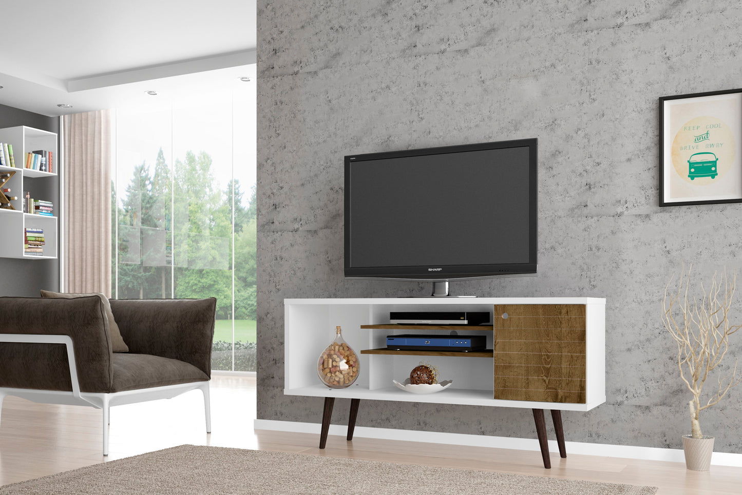 Manhattan Comfort Liberty 53.14" Mid-Century Modern TV Stand with 5 Shelves and 1 Door in White and Rustic Brown with Solid Wood Legs 200AMC69