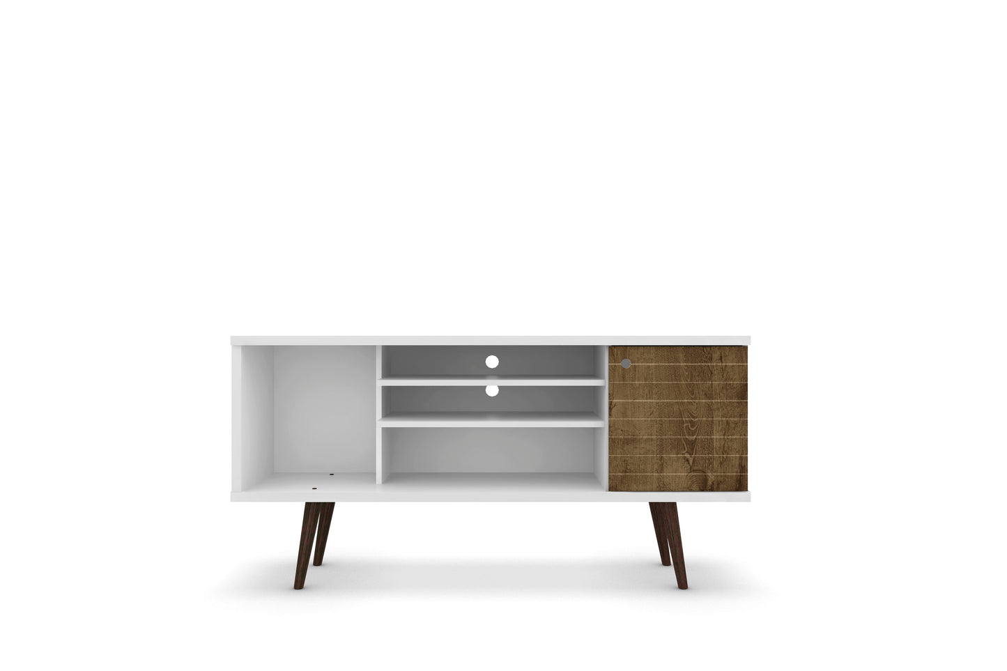 Manhattan Comfort Liberty 53.14" Mid-Century Modern TV Stand with 5 Shelves and 1 Door in White and Rustic Brown with Solid Wood Legs 200AMC69