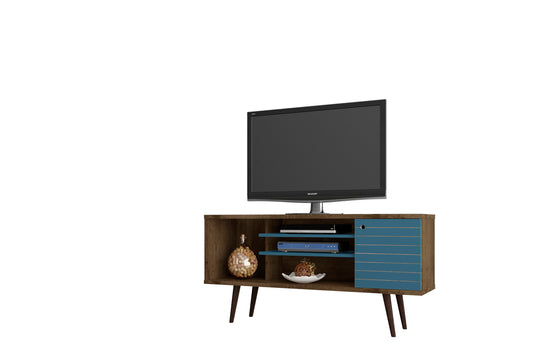 Manhattan Comfort Liberty 53.14" Mid-Century Modern TV Stand with 5 Shelves and 1 Door in Rustic Brown and Aqua Blue with Solid Wood Legs 200AMC93