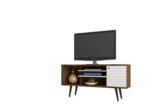 Manhattan Comfort Liberty 53.14" Mid-Century Modern TV Stand with 5 Shelves and 1 Door in Rustic Brown and White with Solid Wood Legs 200AMC96