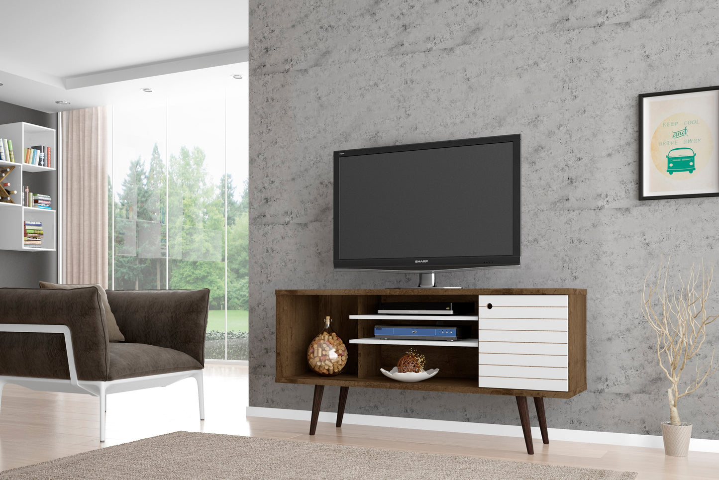 Manhattan Comfort Liberty 53.14" Mid-Century Modern TV Stand with 5 Shelves and 1 Door in Rustic Brown and White with Solid Wood Legs 200AMC96