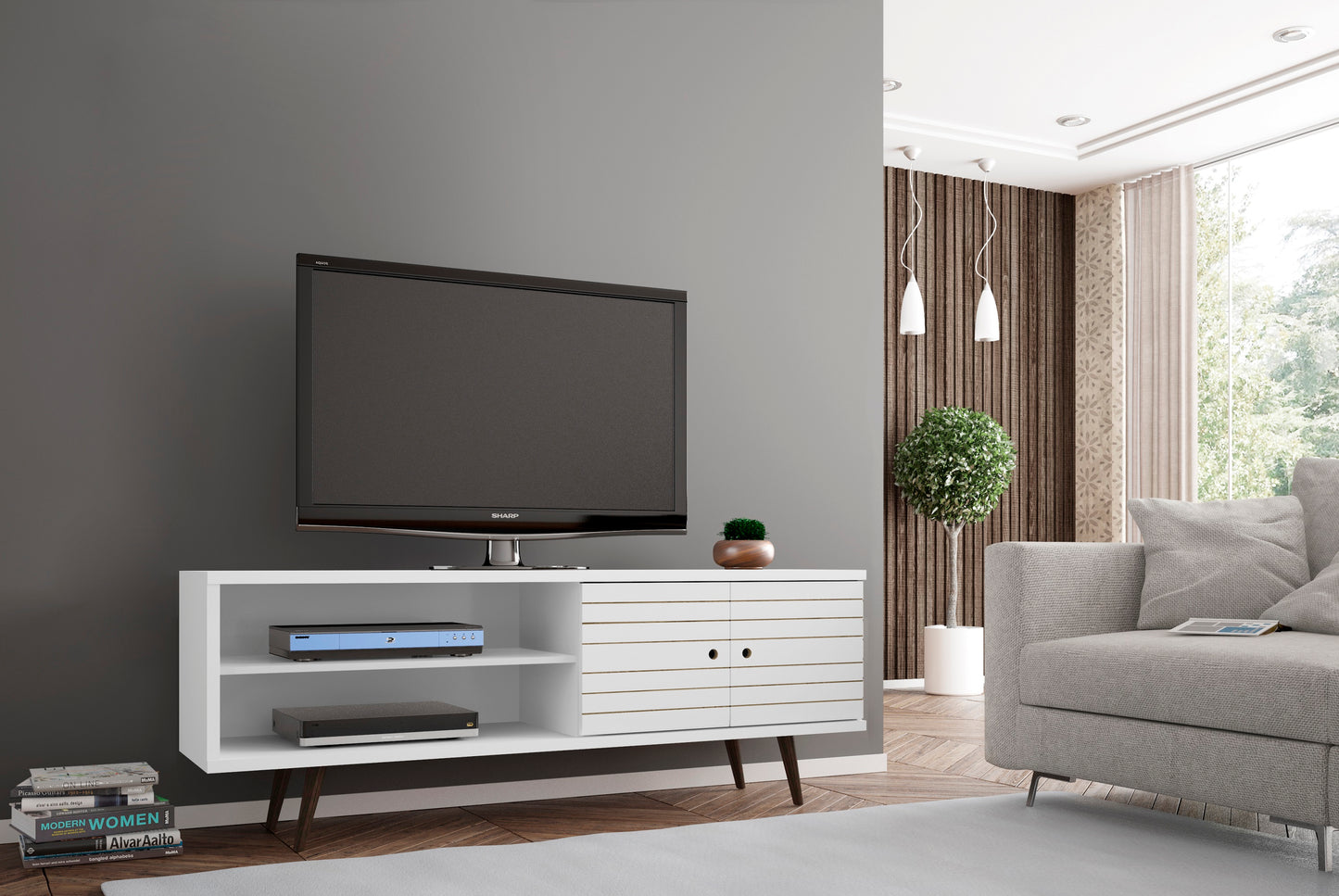 Liberty Mid-Century Modern 63" TV Stand in White 201AMC6