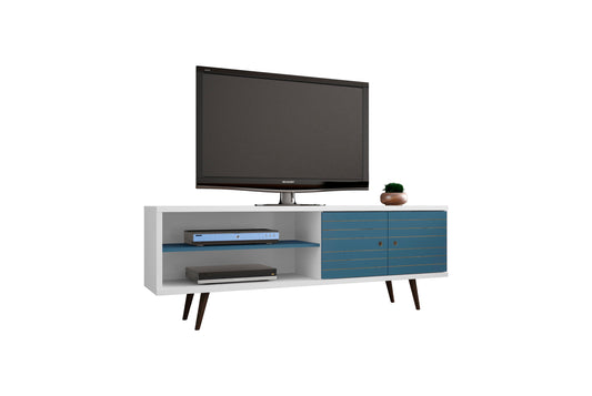 Manhattan Comfort Liberty 62.99" Mid-Century Modern TV Stand with 3 Shelves and 2 Doors in White and Aqua Blue with Solid Wood Legs 201AMC63