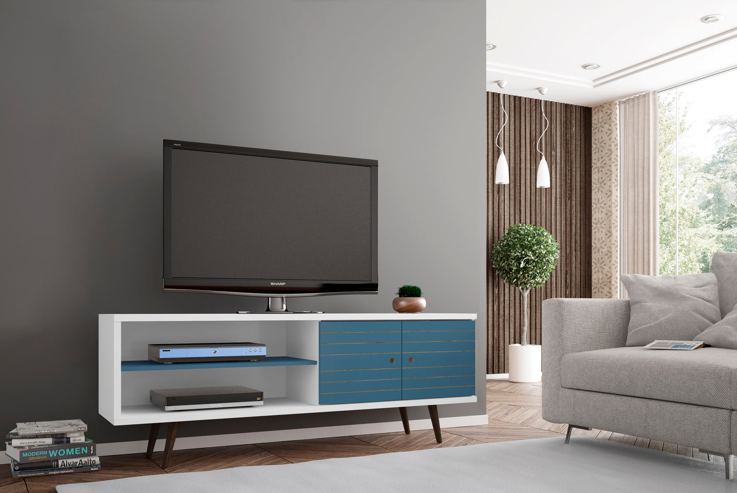 Manhattan Comfort Liberty 62.99" Mid-Century Modern TV Stand with 3 Shelves and 2 Doors in White and Aqua Blue with Solid Wood Legs 201AMC63