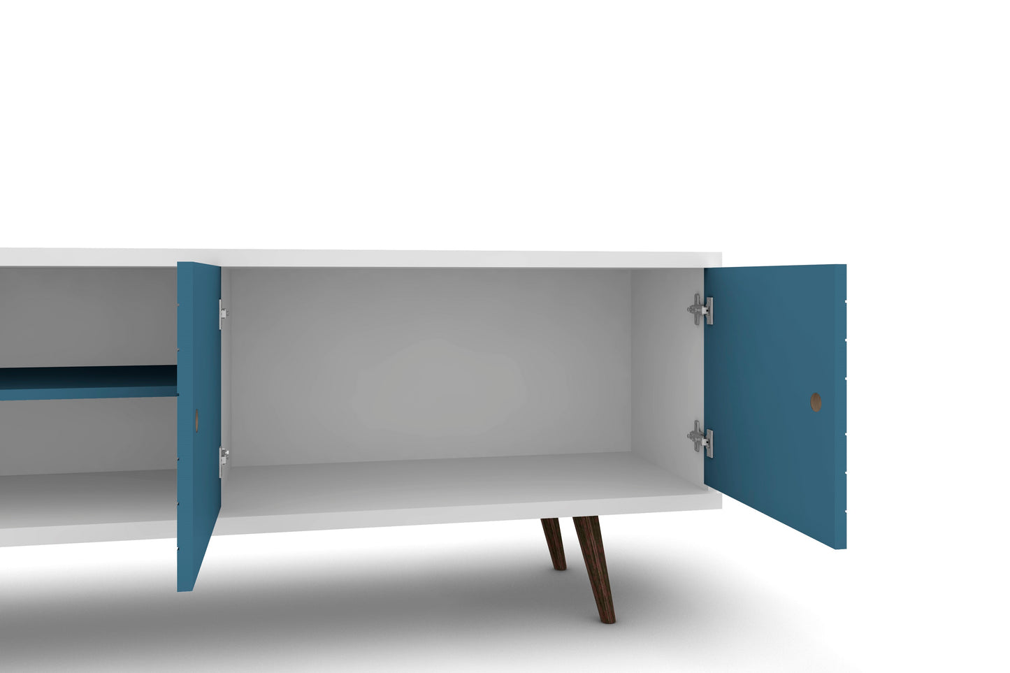 Manhattan Comfort Liberty 62.99" Mid-Century Modern TV Stand with 3 Shelves and 2 Doors in White and Aqua Blue with Solid Wood Legs 201AMC63