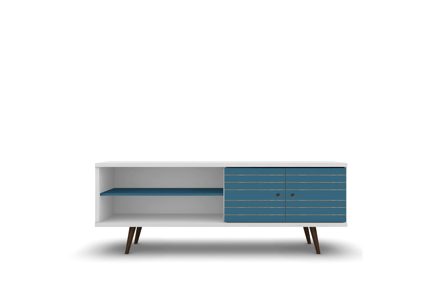 Manhattan Comfort Liberty 62.99" Mid-Century Modern TV Stand with 3 Shelves and 2 Doors in White and Aqua Blue with Solid Wood Legs 201AMC63